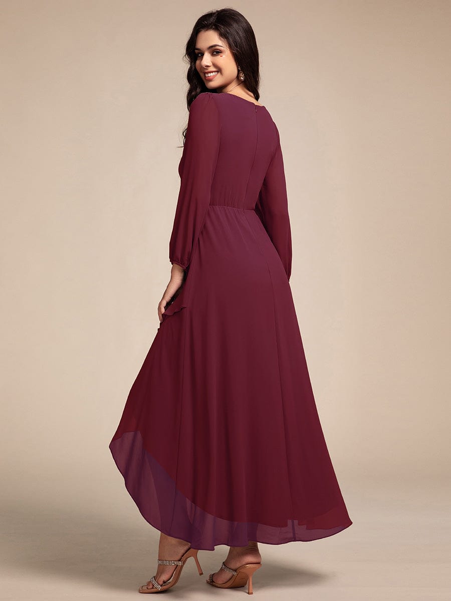 Long Lantern Sleeves Waist Applique Chiffon Formal Evening Dress #color_Burgundy