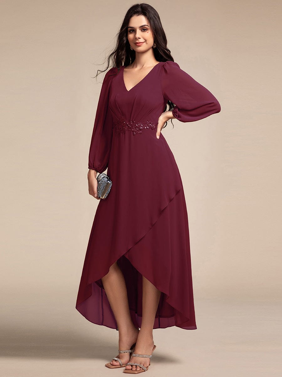 Long Lantern Sleeves Waist Applique Chiffon Formal Evening Dress #color_Burgundy