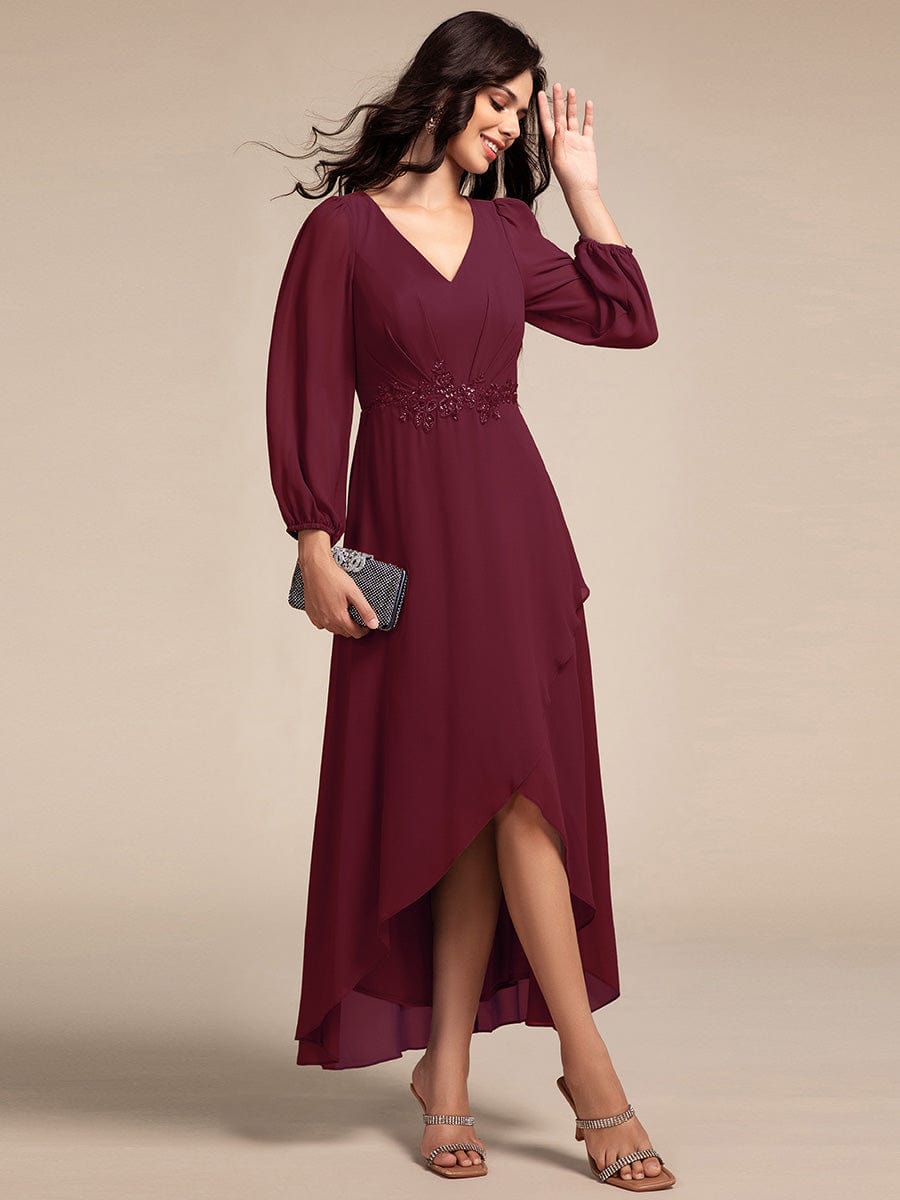 Long Lantern Sleeves Waist Applique Chiffon Formal Evening Dress #color_Burgundy