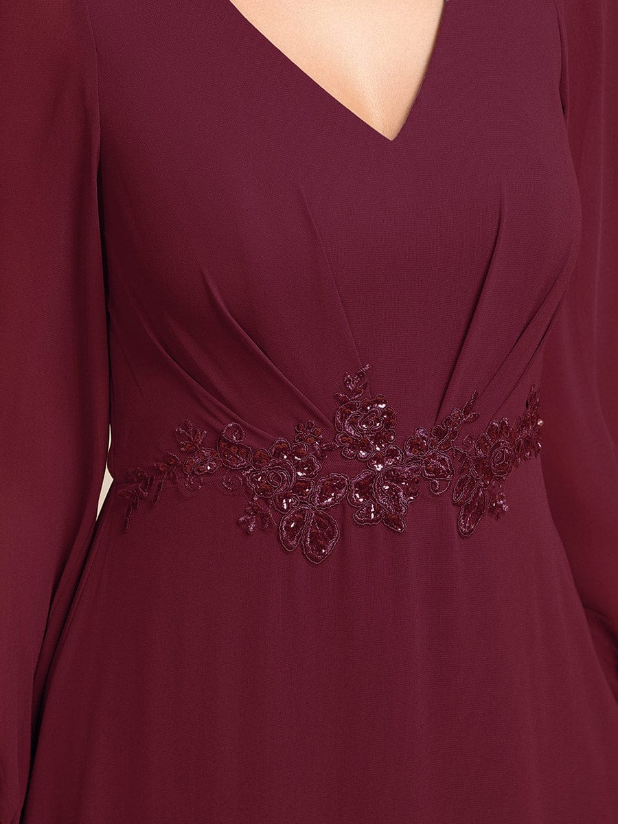 Long Lantern Sleeves Waist Applique Chiffon Formal Evening Dress #color_Burgundy