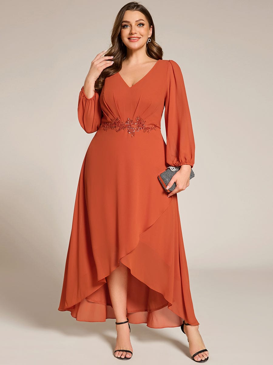 Long Lantern Sleeves Waist Applique Chiffon Formal Evening Dress #color_Burnt Orange