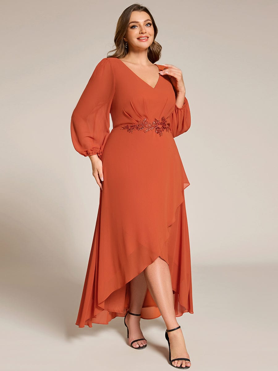 Plus Size V-Neck Long Sleeves Chiffon Formal Evening Dress with Applique #color_Burnt Orange