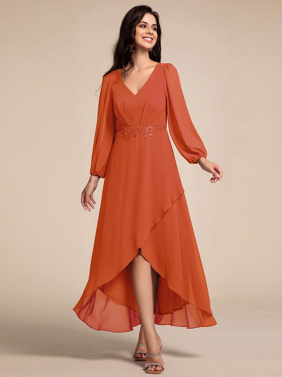 Long Lantern Sleeves Waist Applique Chiffon Formal Evening Dress #color_Burnt Orange