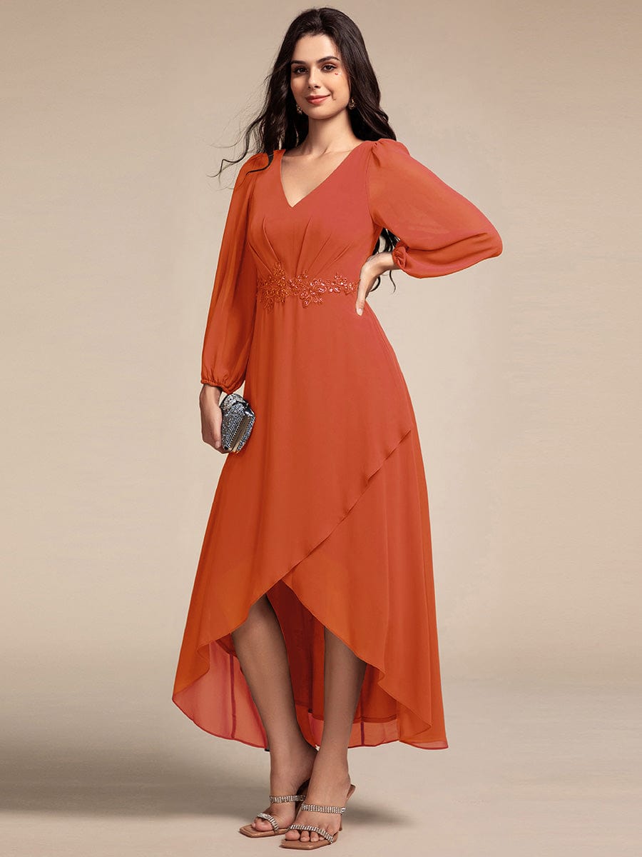 Long Lantern Sleeves Waist Applique Chiffon Formal Evening Dress #color_Burnt Orange