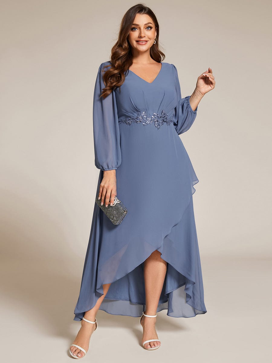 Long Lantern Sleeves Waist Applique Chiffon Formal Evening Dress #color_Dusty Navy