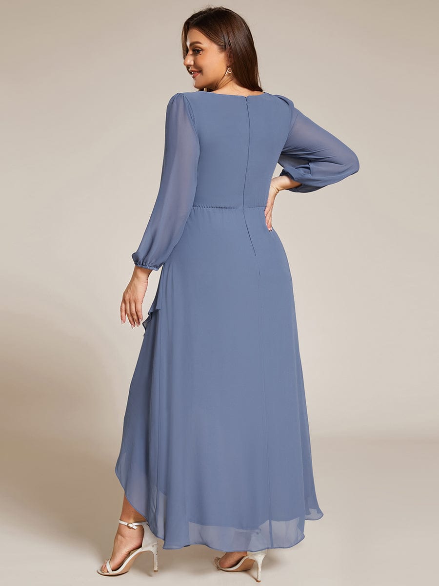 Long Lantern Sleeves Waist Applique Chiffon Formal Evening Dress #color_Dusty Navy