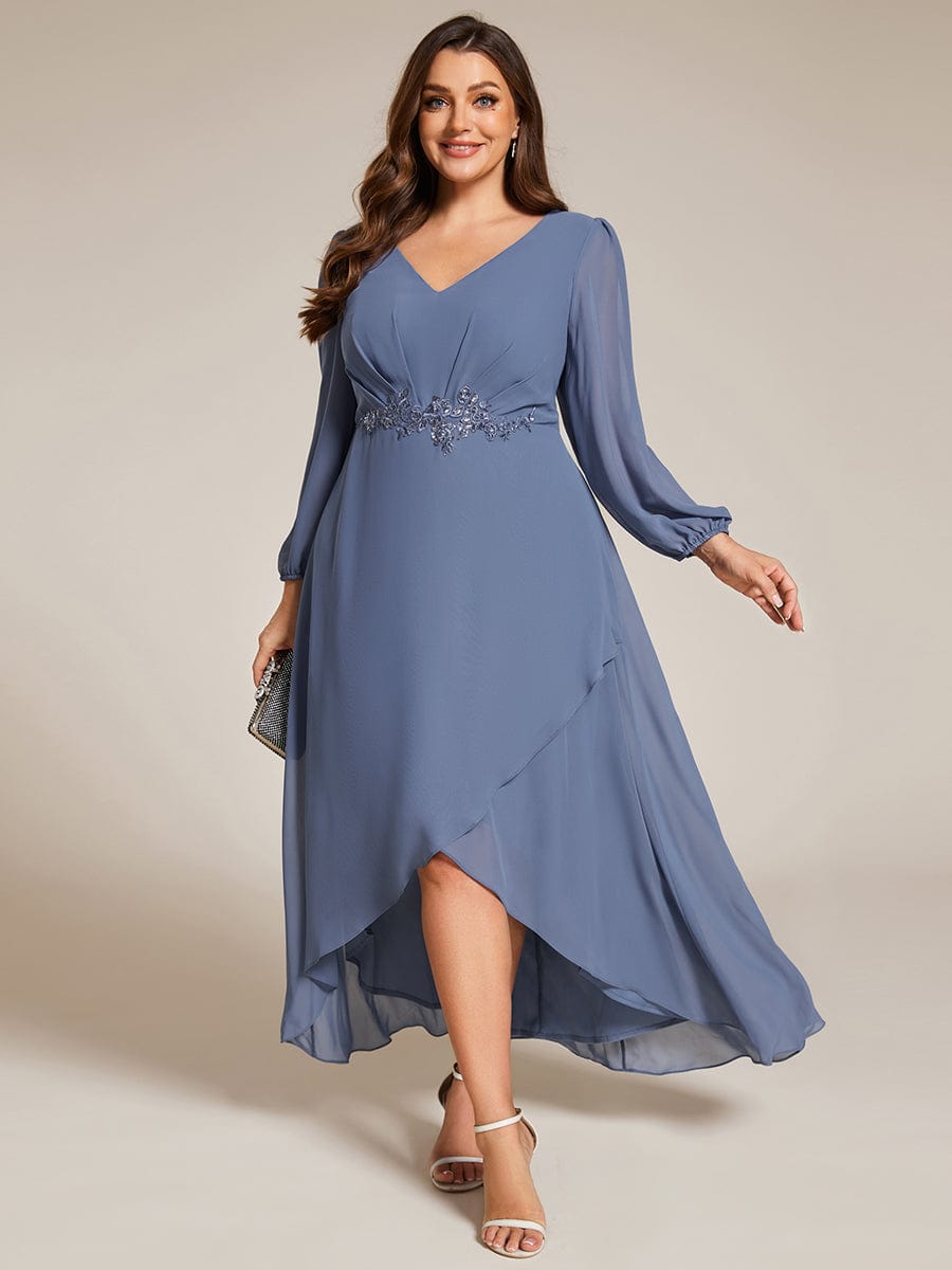 Plus Size V-Neck Long Sleeves Chiffon Formal Evening Dress with Applique #color_Dusty Navy