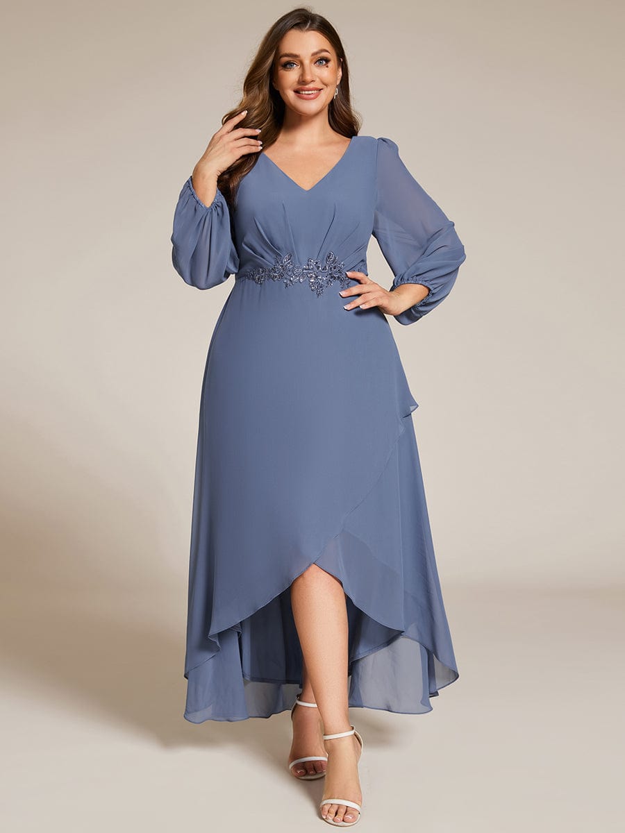 Plus Size V-Neck Long Sleeves Chiffon Formal Evening Dress with Applique #color_Dusty Blue