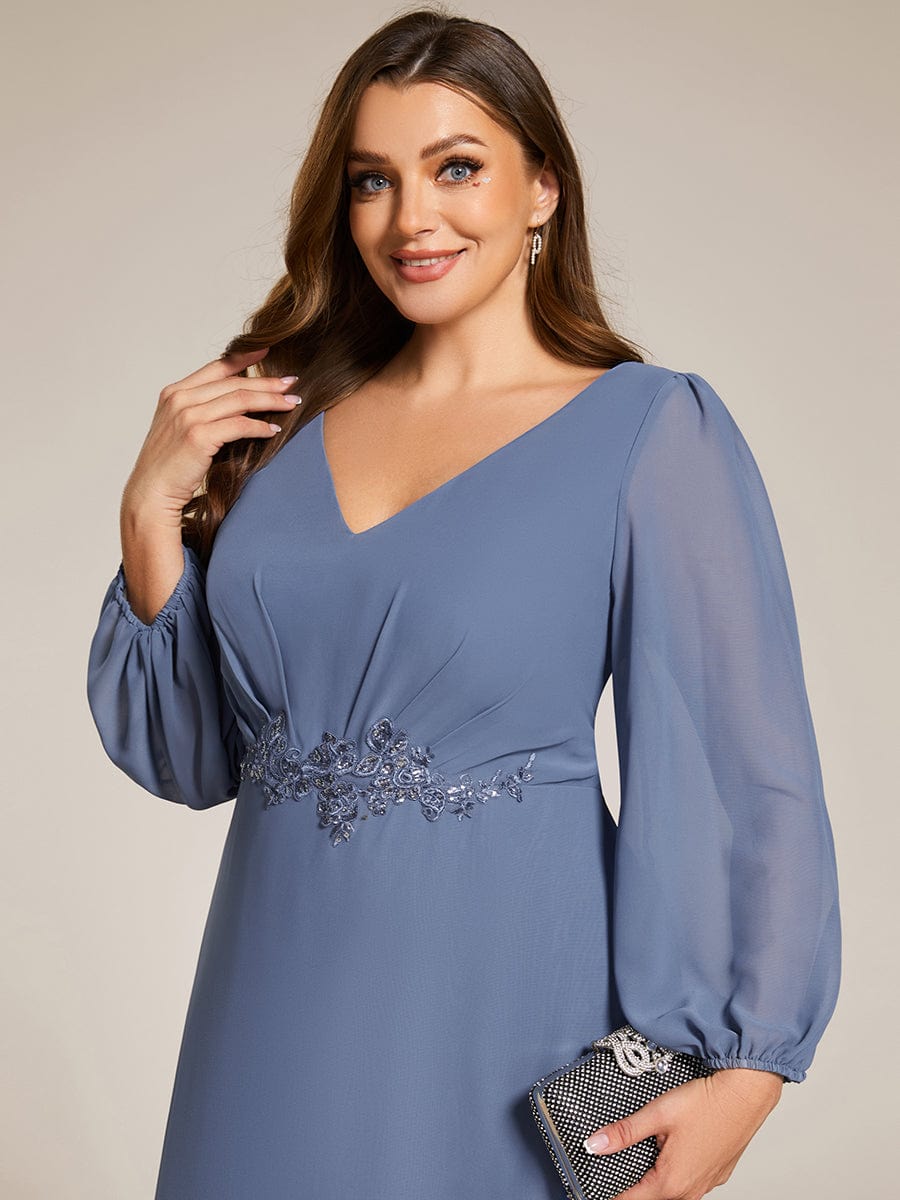 Long Lantern Sleeves Waist Applique Chiffon Formal Evening Dress #color_Dusty Navy