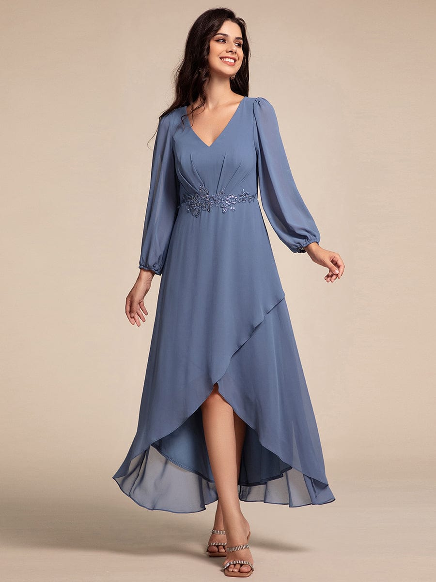 Long Lantern Sleeves Waist Applique Chiffon Formal Evening Dress #color_Dusty Navy