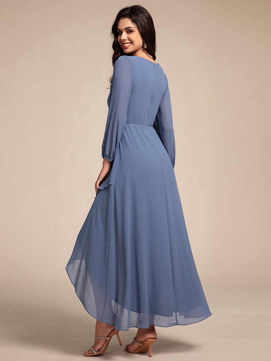 Long Lantern Sleeves Waist Applique Chiffon Formal Evening Dress #color_Dusty Navy