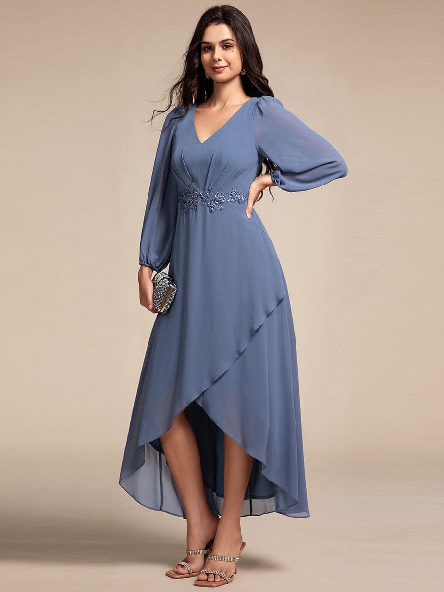 Long Lantern Sleeves Waist Applique Chiffon Formal Evening Dress #color_Dusty Navy