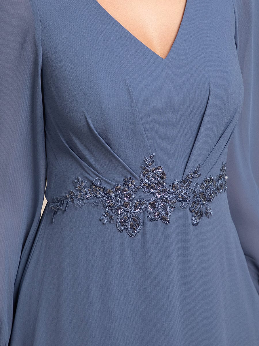 Long Lantern Sleeves Waist Applique Chiffon Formal Evening Dress #color_Dusty Navy