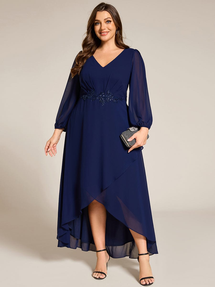 Long Lantern Sleeves Waist Applique Chiffon Formal Evening Dress #color_Navy Blue