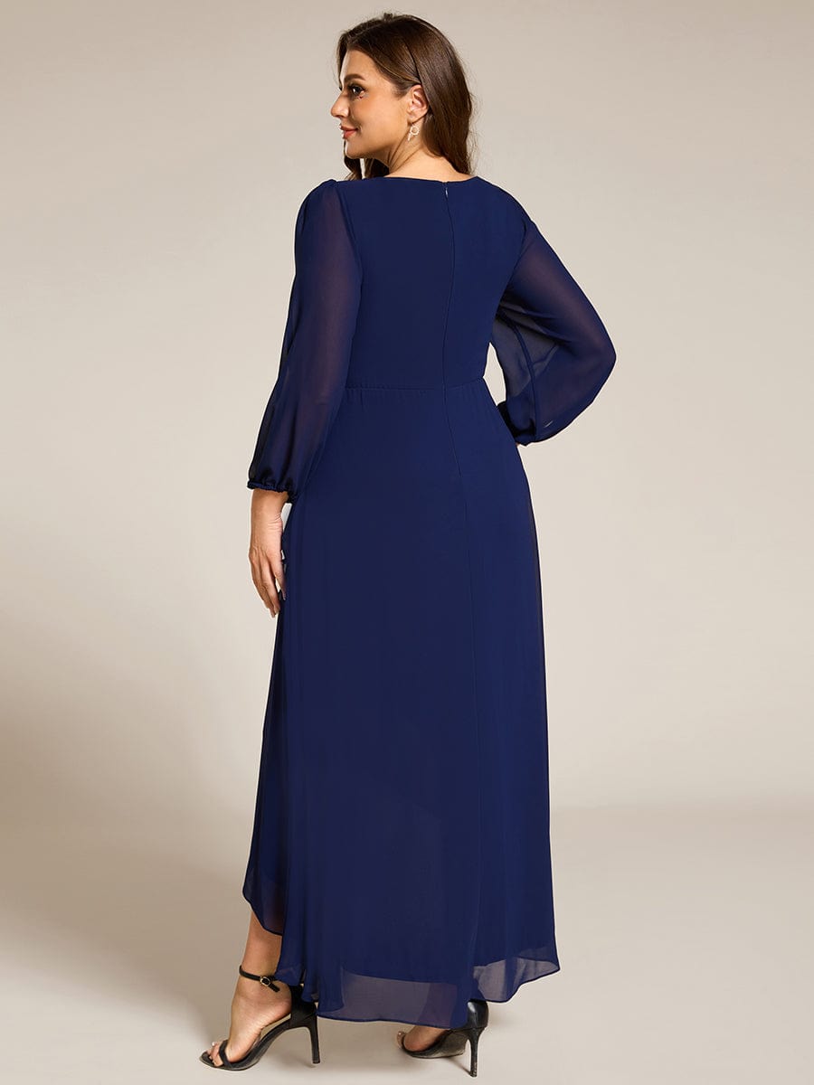 Long Lantern Sleeves Waist Applique Chiffon Formal Evening Dress #color_Navy Blue