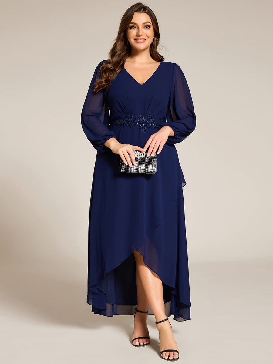 Plus Size V-Neck Long Sleeves Chiffon Formal Evening Dress with Applique #color_Navy Blue