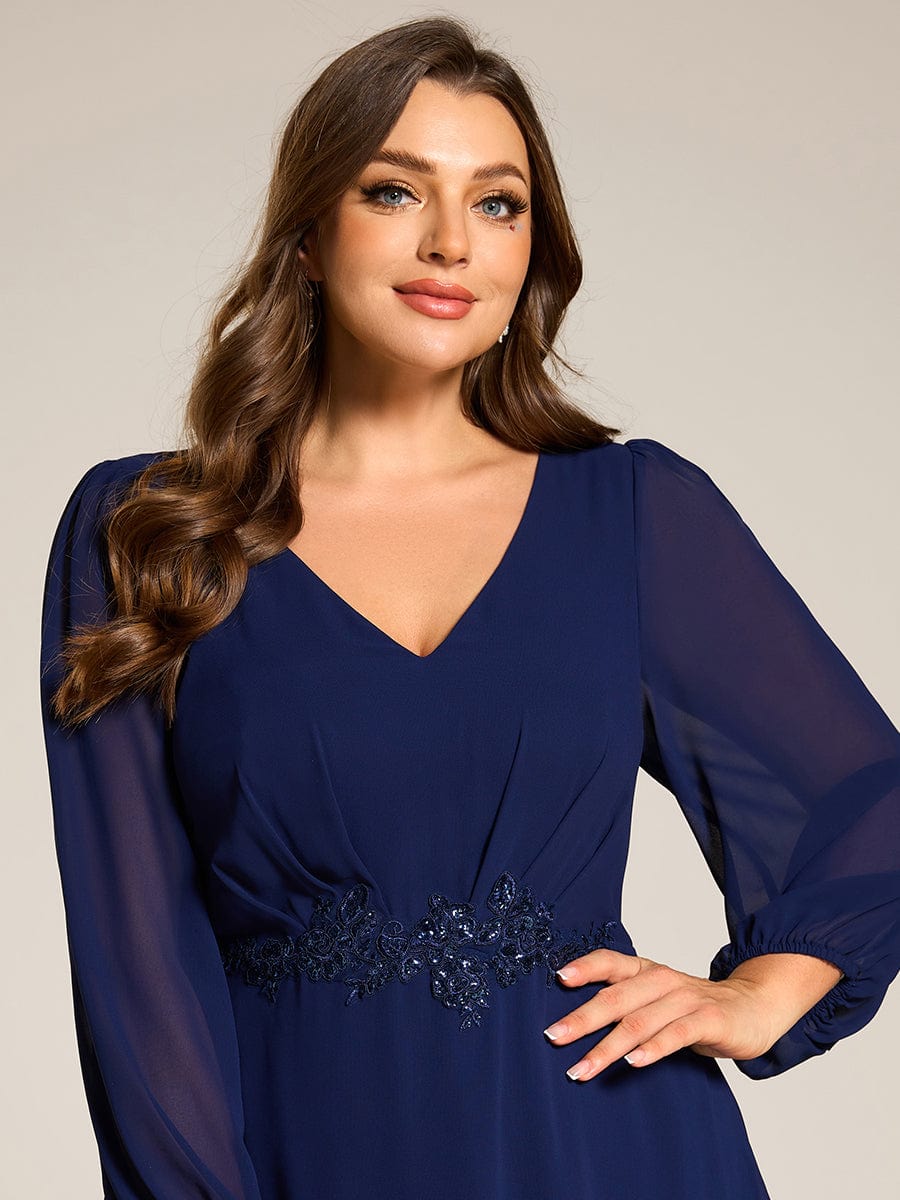 Long Lantern Sleeves Waist Applique Chiffon Formal Evening Dress #color_Navy Blue