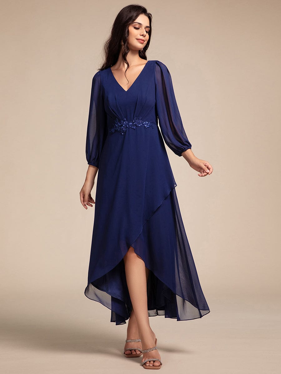 Long Lantern Sleeves Waist Applique Chiffon Formal Evening Dress #color_Navy Blue