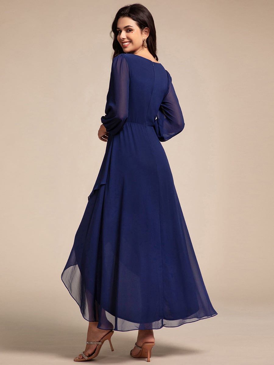 Long Lantern Sleeves Waist Applique Chiffon Formal Evening Dress #color_Navy Blue