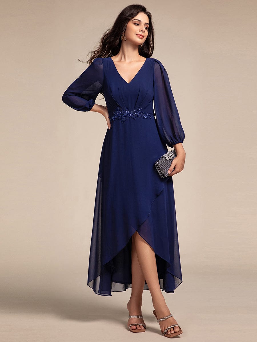 Long Lantern Sleeves Waist Applique Chiffon Formal Evening Dress #color_Navy Blue