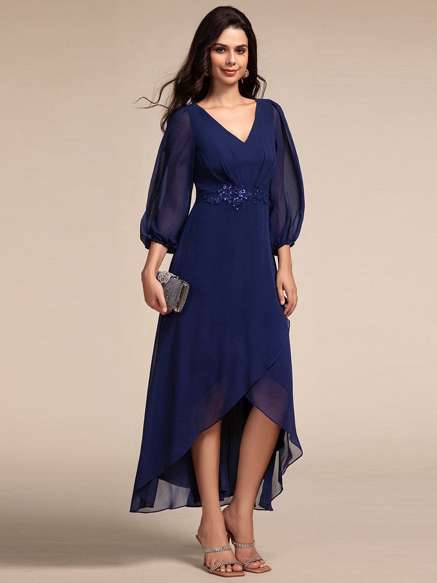 Long Lantern Sleeves Waist Applique Chiffon Formal Evening Dress #color_Navy Blue