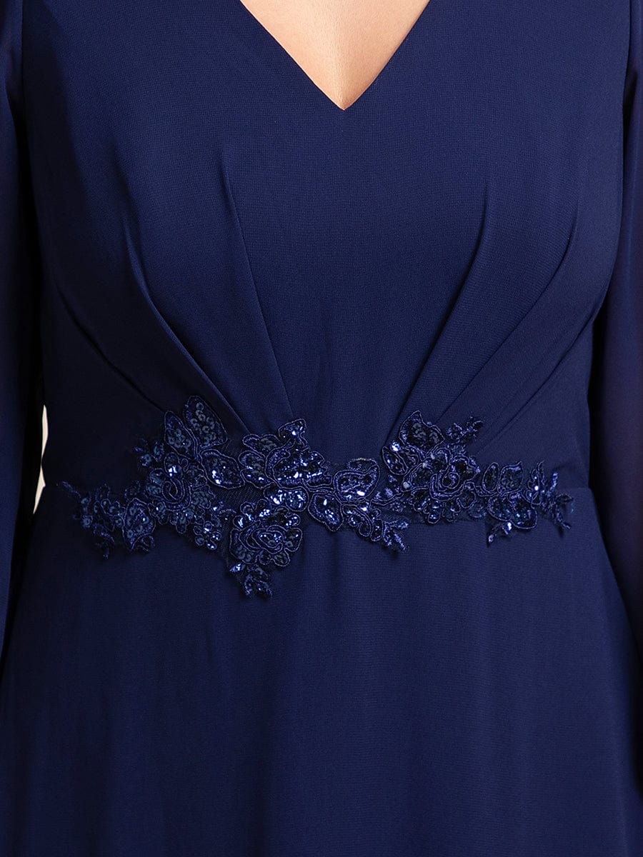 Long Lantern Sleeves Waist Applique Chiffon Formal Evening Dress #color_Navy Blue