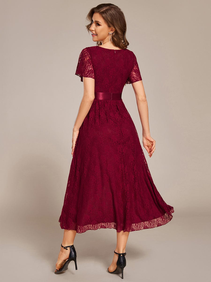 Short Sleeve Ruffled Empire Waist Lace Midi Formal Dress #color_Burgundy