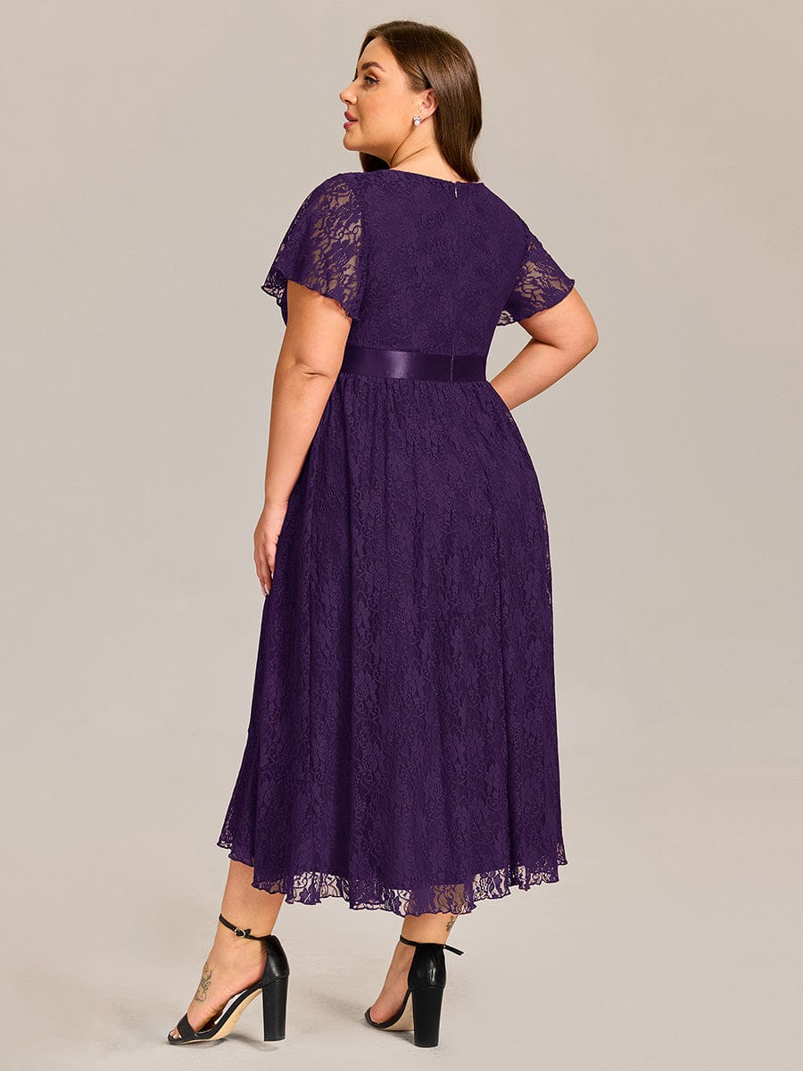 Plus Size Lace Short Sleeve Round Neckline Midi Formal Dress #color_Dark Purple