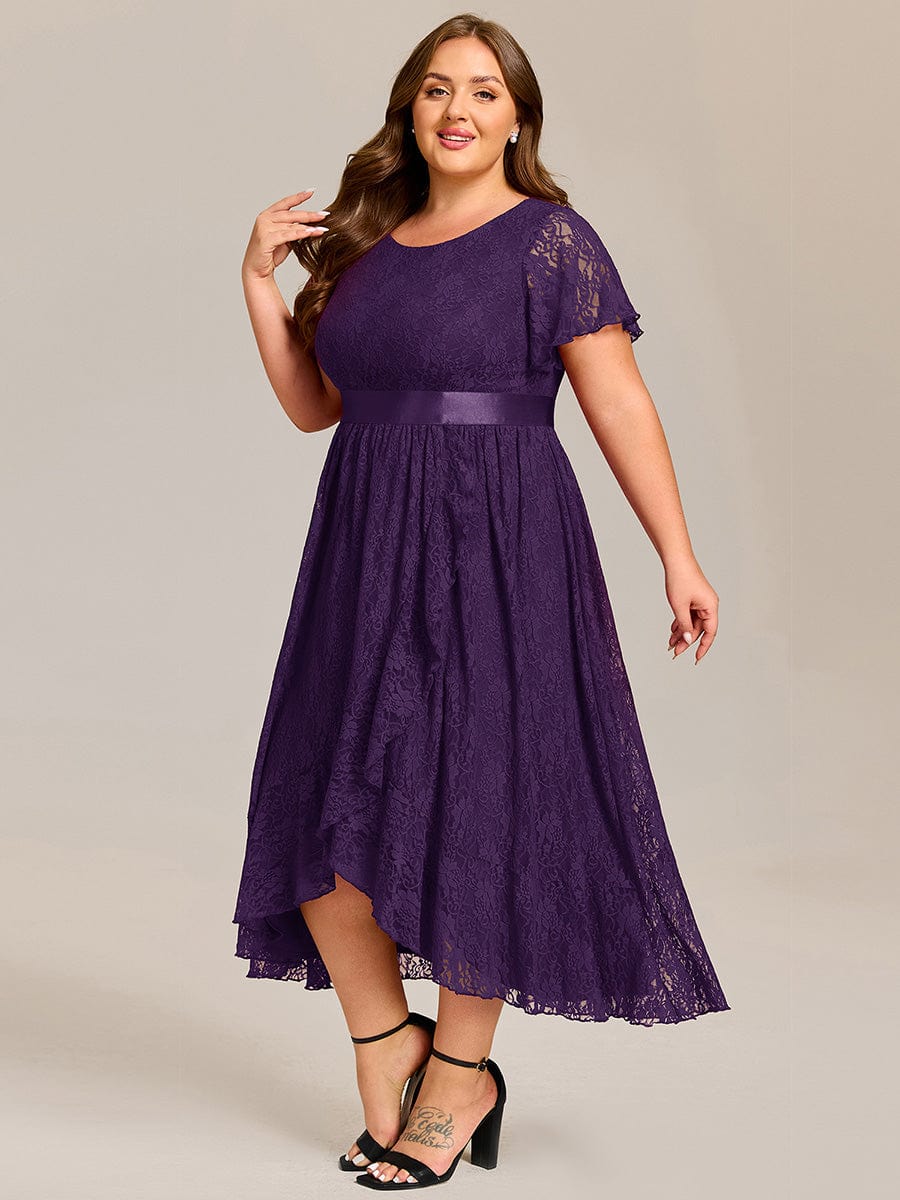 Plus Size Lace Short Sleeve Round Neckline Midi Formal Dress #color_Dark Purple