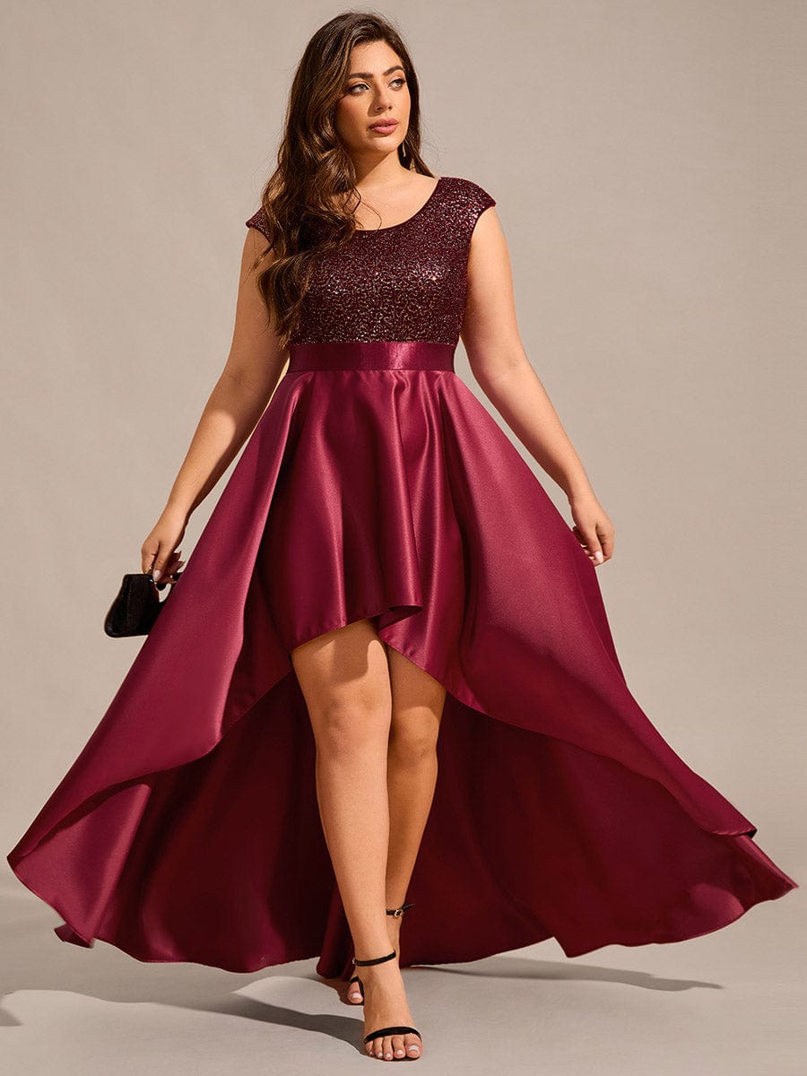 Plus Size Sequin Round Neckline High-Low Satin Formal Evening Dress #color_Burgundy