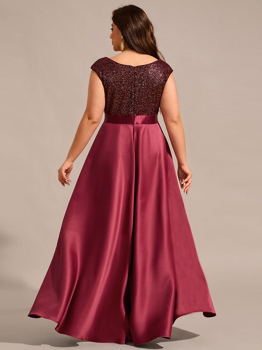 Sleeveless Sequin Top High-Low Formal Evening Dress with Satin #color_Burgundy