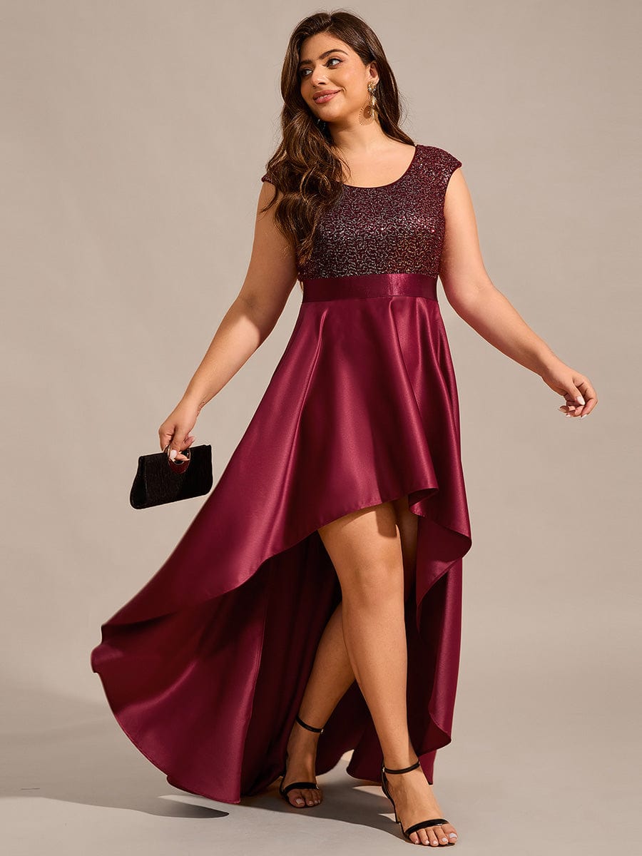 Sleeveless Sequin Top High-Low Formal Evening Dress with Satin #color_Burgundy