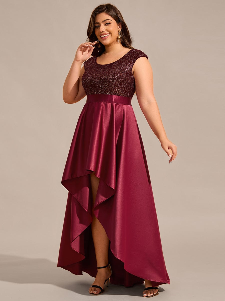 Plus Size Sequin Round Neckline High-Low Satin Formal Evening Dress #color_Burgundy