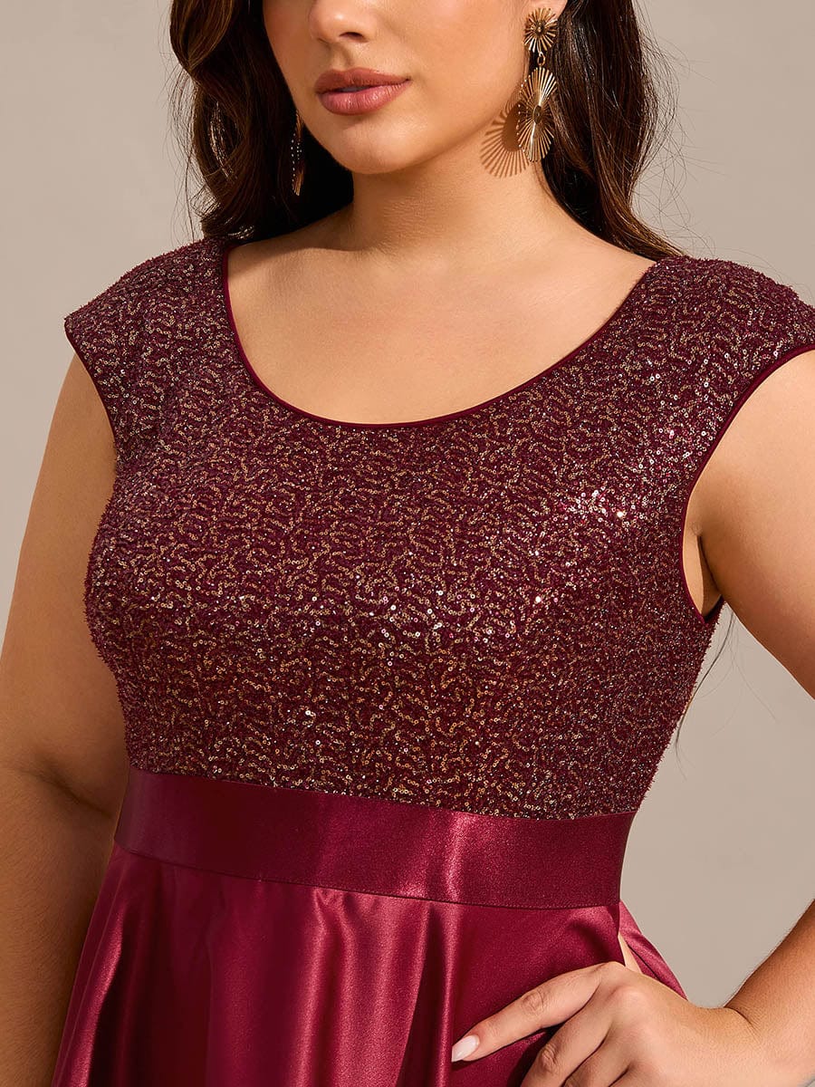 Sleeveless Sequin Top High-Low Formal Evening Dress with Satin #color_Burgundy