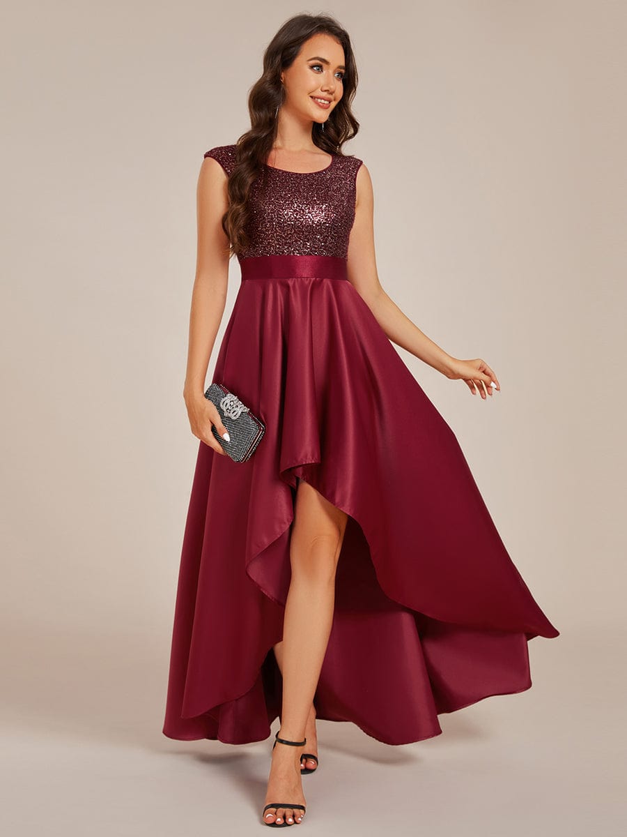 Sleeveless Sequin Top High-Low Formal Evening Dress with Satin #color_Burgundy