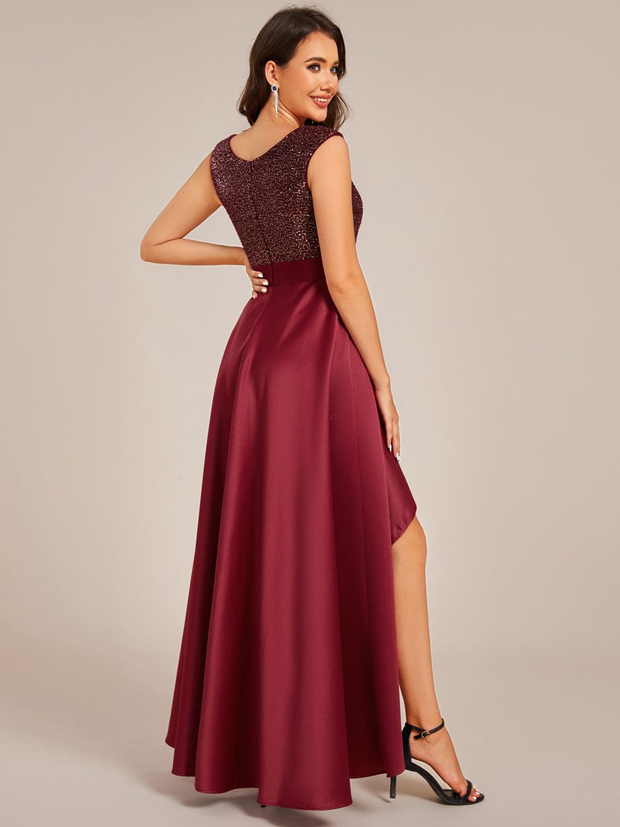 Sleeveless Sequin Top High-Low Formal Evening Dress with Satin #color_Burgundy