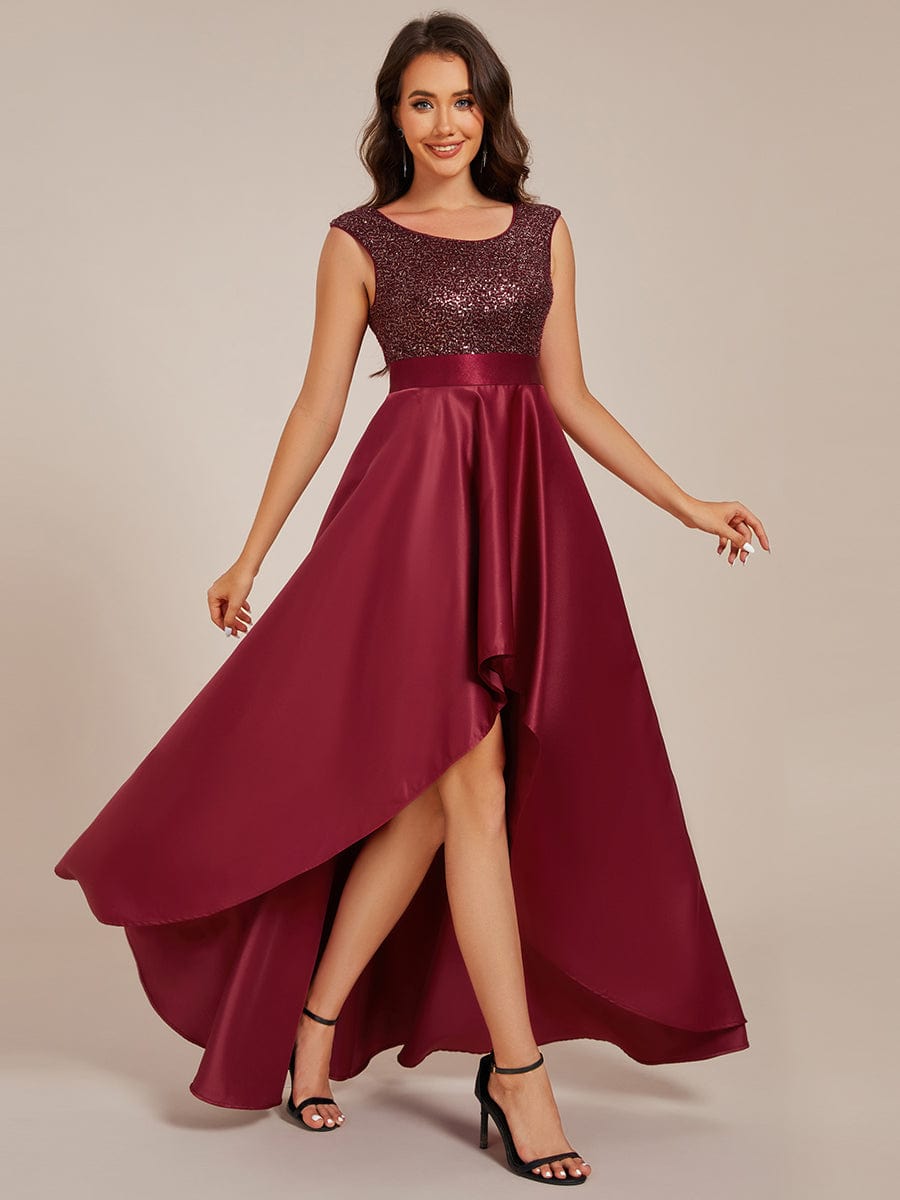 Sleeveless Sequin Top High-Low Formal Evening Dress with Satin #color_Burgundy