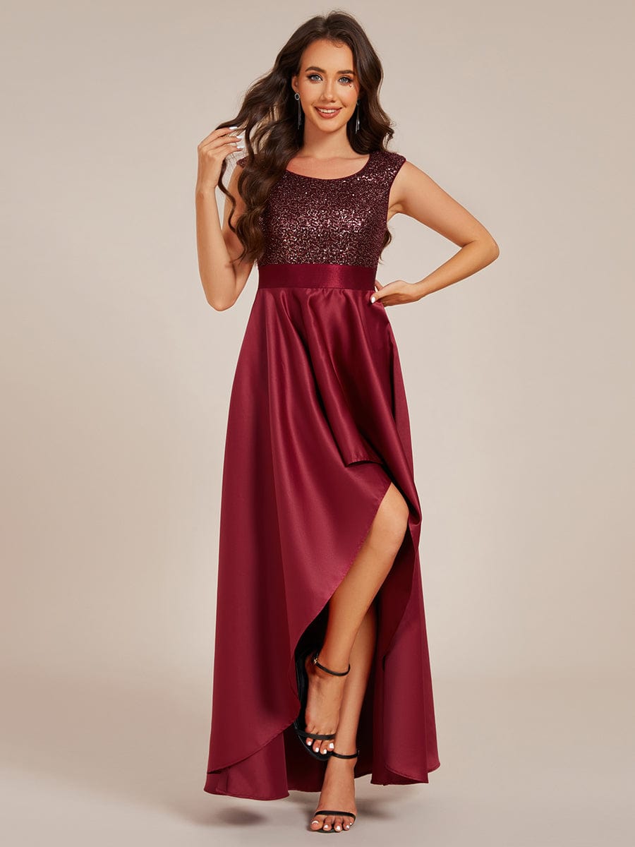 Sleeveless Sequin Top High-Low Formal Evening Dress with Satin #color_Burgundy