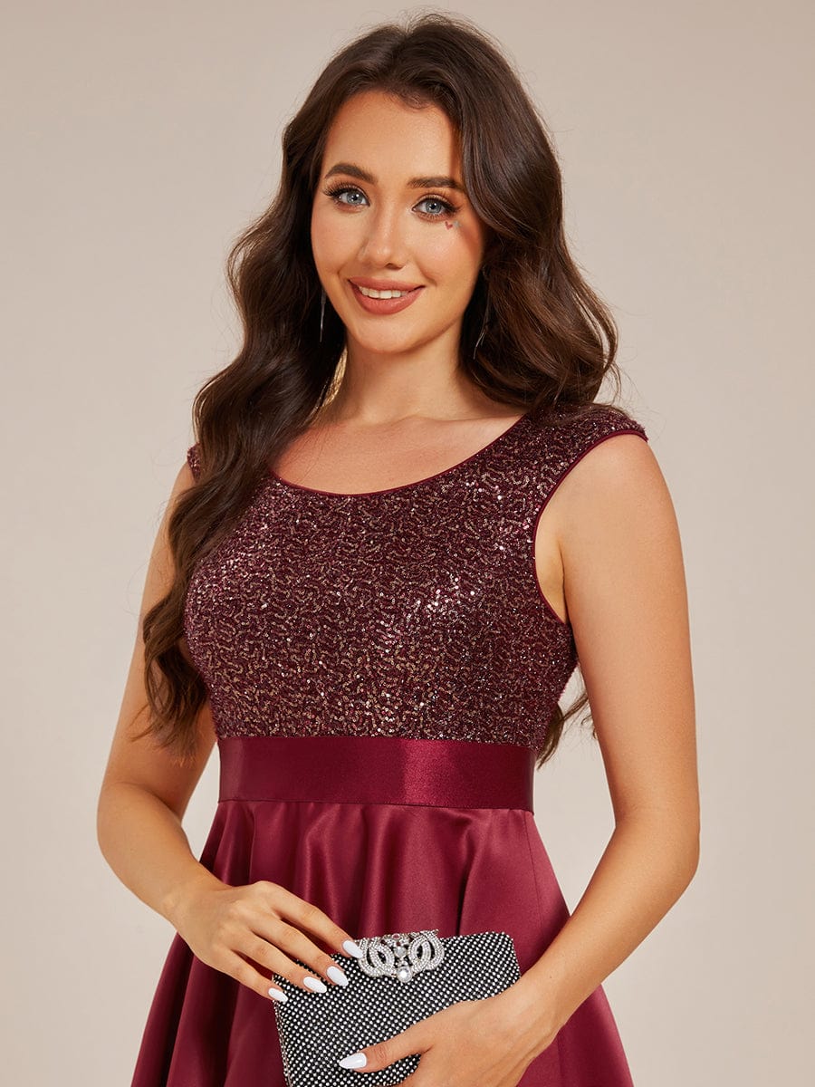 Sleeveless Sequin Top High-Low Formal Evening Dress with Satin #color_Burgundy