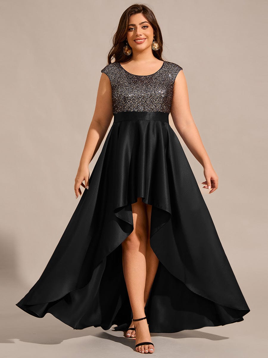 Plus Size Sequin Round Neckline High-Low Satin Formal Evening Dress #color_Black