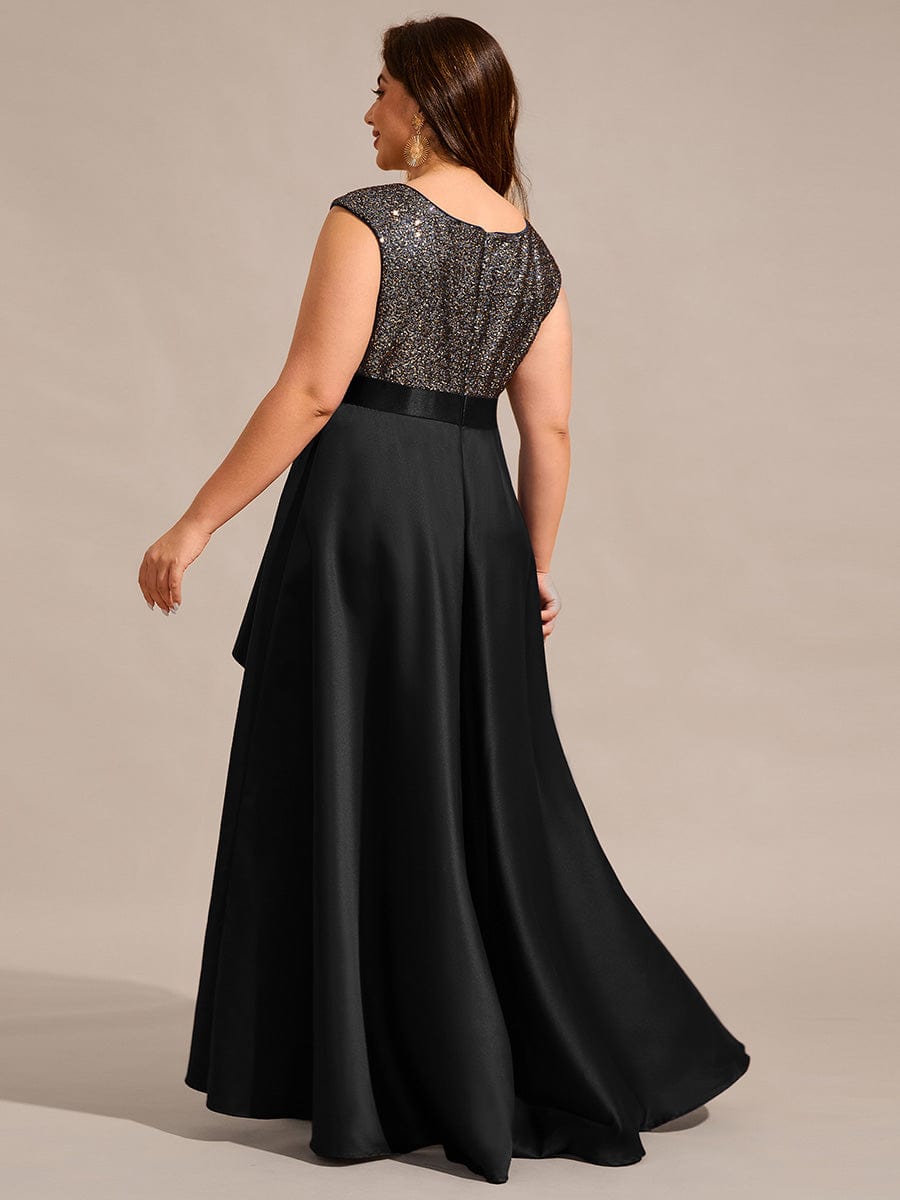 Plus Size Sequin Round Neckline High-Low Satin Formal Evening Dress #color_Black