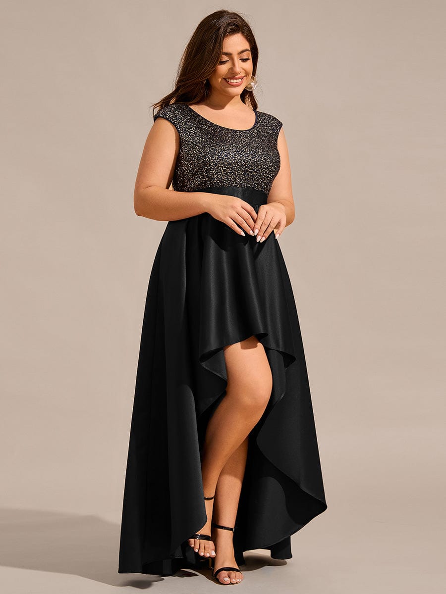 Plus Size Sequin Round Neckline High-Low Satin Formal Evening Dress #color_Black