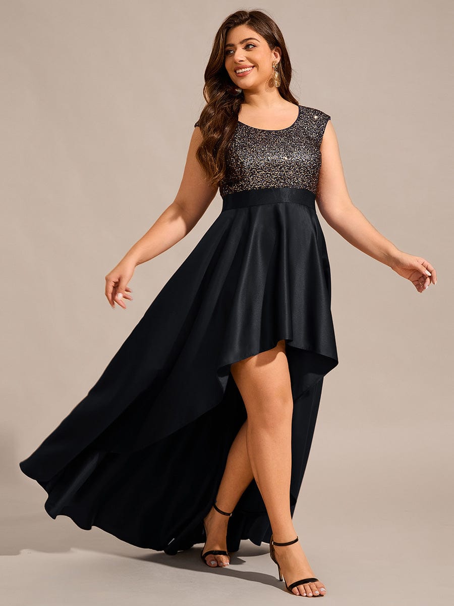 Plus Size Sequin Round Neckline High-Low Satin Formal Evening Dress #color_Black