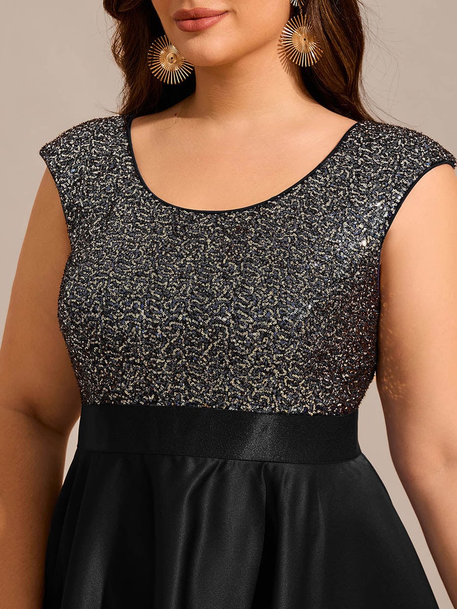 Plus Size Sequin Round Neckline High-Low Satin Formal Evening Dress #color_Black