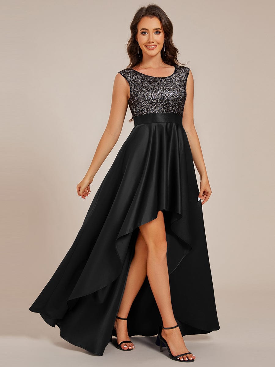 Sleeveless Sequin Top High-Low Formal Evening Dress with Satin #color_Black