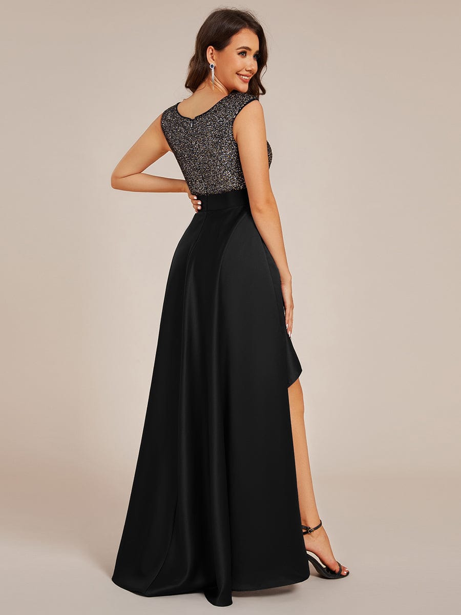 Sleeveless Sequin Top High-Low Formal Evening Dress with Satin #color_Black