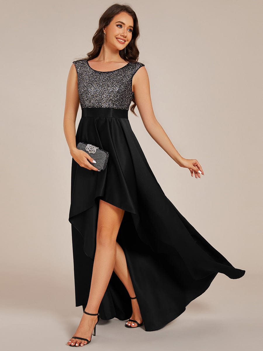 Sleeveless Sequin Top High-Low Formal Evening Dress with Satin #color_Black