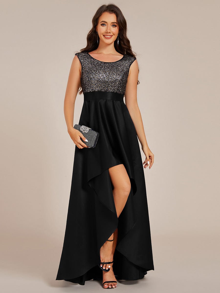 Sleeveless Sequin Top High-Low Formal Evening Dress with Satin #color_Black