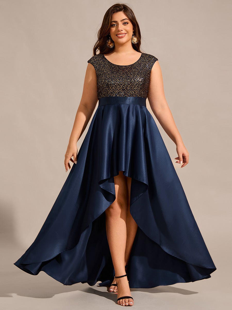 Plus Size Sequin Round Neckline High-Low Satin Formal Evening Dress #color_Navy Blue