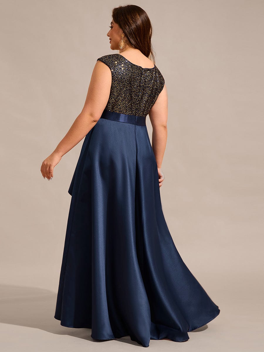 Plus Size Sequin Round Neckline High-Low Satin Formal Evening Dress #color_Navy Blue